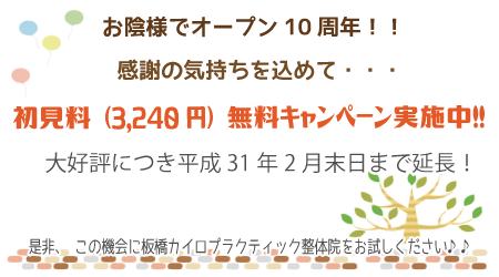 板橋カイロプラクティック整体院　初見料無料キャンペーン